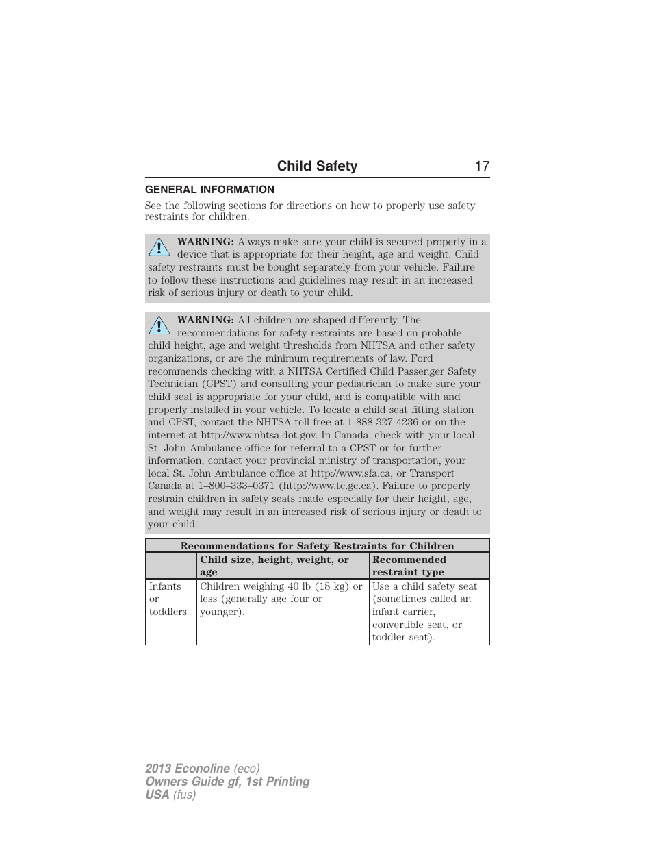 Child safety, General information, Child safety 17 | FORD 2013 E-450 v.1 User Manual | Page 17 / 416