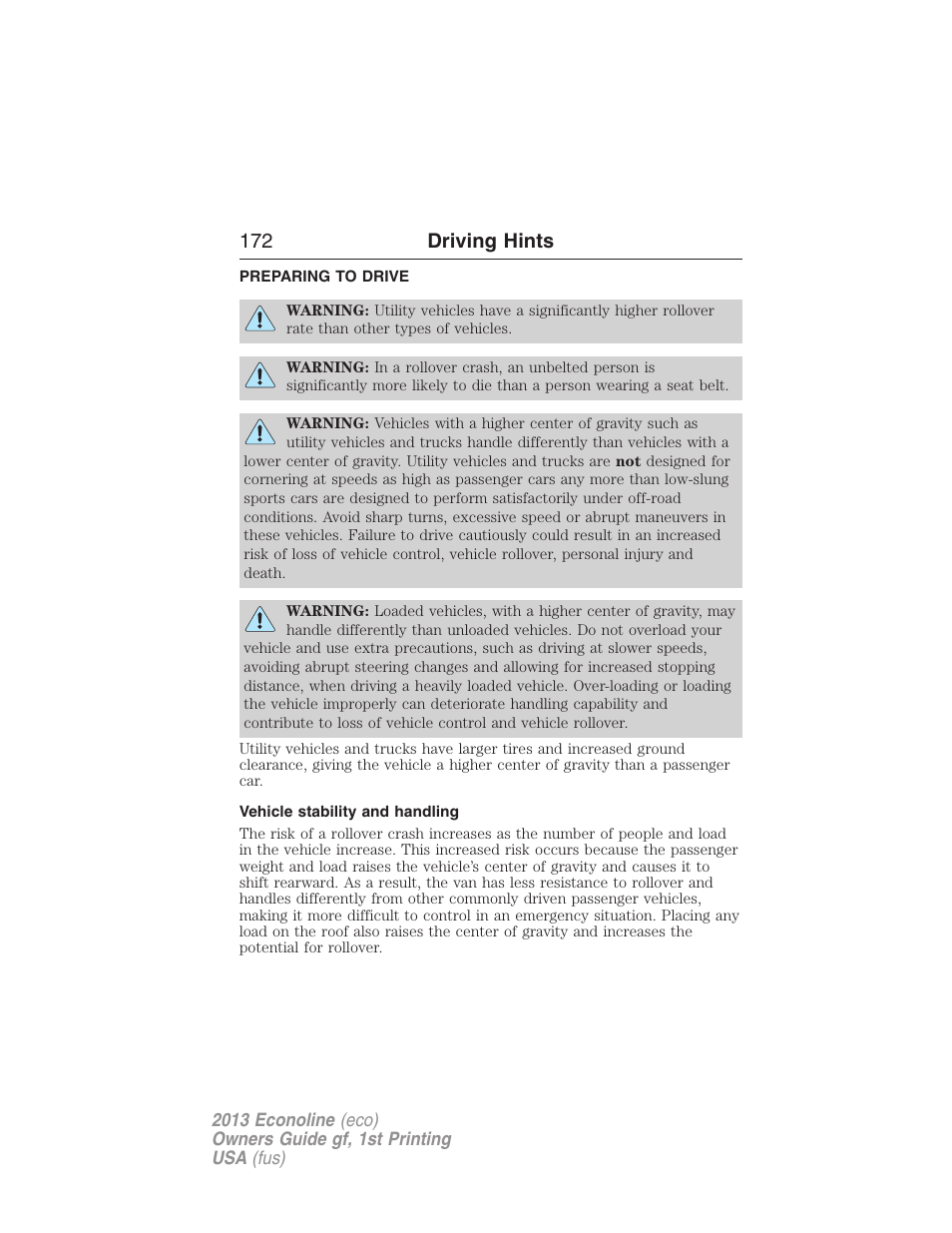 Driving hints, Preparing to drive, Vehicle stability and handling | 172 driving hints | FORD 2013 E-450 v.1 User Manual | Page 172 / 416