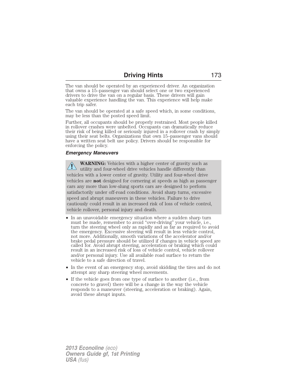 Emergency maneuvers, Driving hints 173 | FORD 2013 E-450 v.1 User Manual | Page 173 / 416