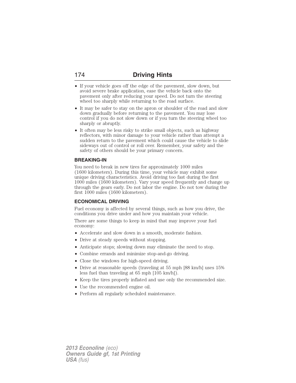 Breaking-in, Economical driving, 174 driving hints | FORD 2013 E-450 v.1 User Manual | Page 174 / 416