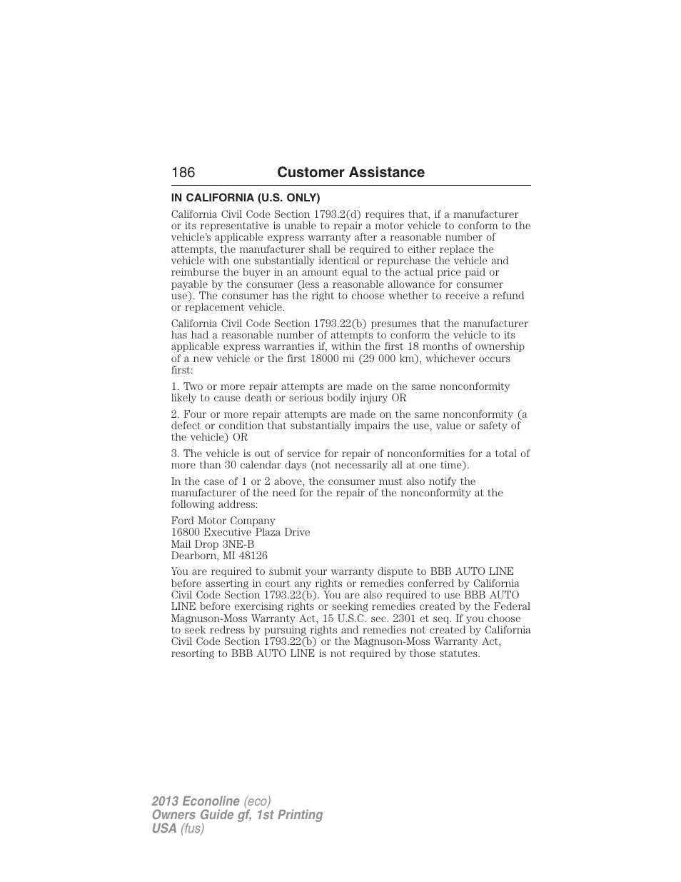 In california (u.s. only), 186 customer assistance | FORD 2013 E-450 v.1 User Manual | Page 186 / 416