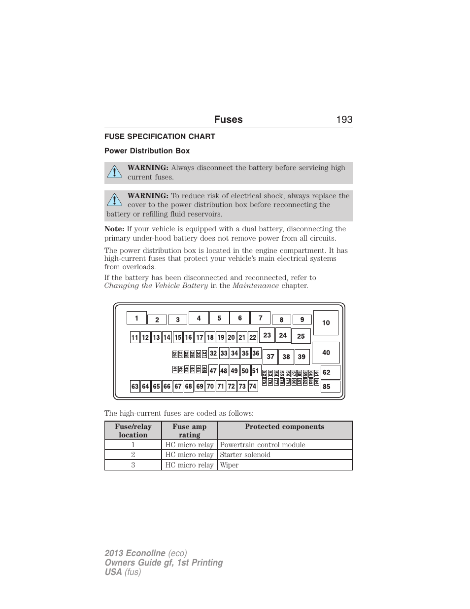 Fuse specification chart, Power distribution box, Fuses 193 | FORD 2013 E-450 v.1 User Manual | Page 193 / 416