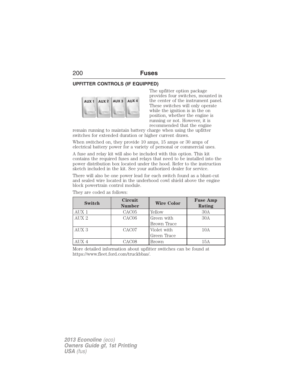 Upfitter controls (if equipped), Upfitter controls, 200 fuses | FORD 2013 E-450 v.1 User Manual | Page 200 / 416