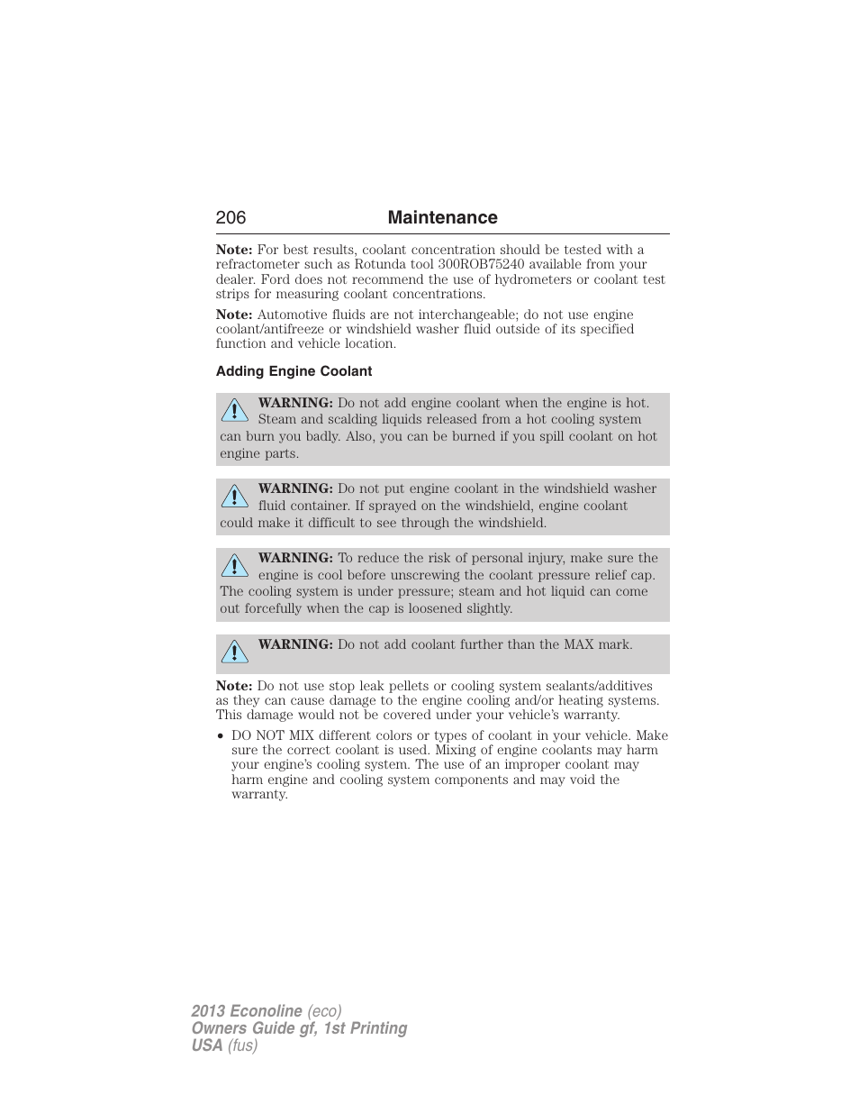 Adding engine coolant, 206 maintenance | FORD 2013 E-450 v.1 User Manual | Page 206 / 416