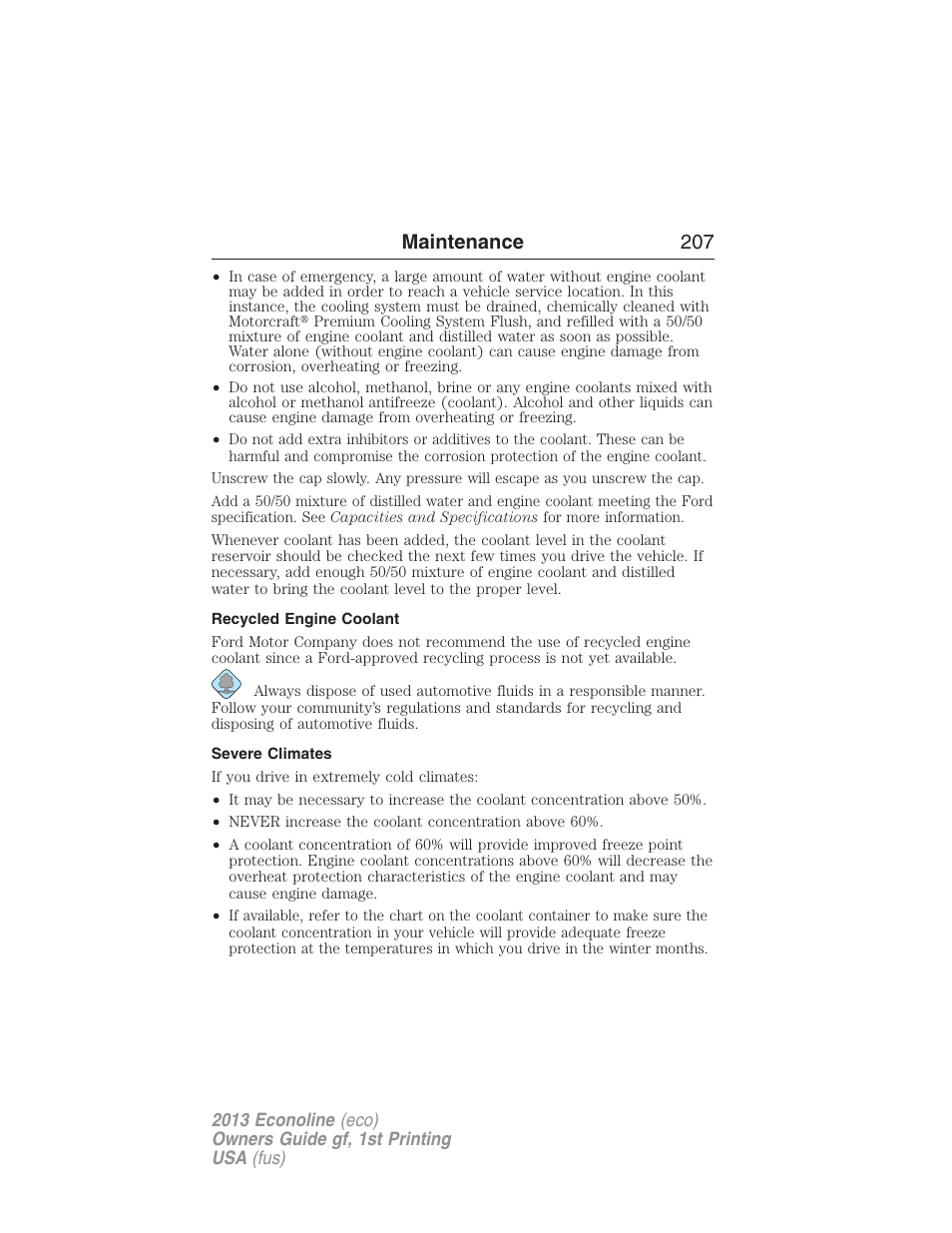 Recycled engine coolant, Severe climates, Maintenance 207 | FORD 2013 E-450 v.1 User Manual | Page 207 / 416