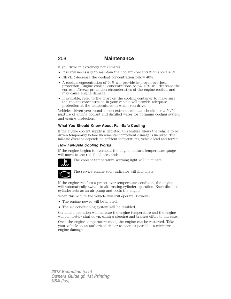 What you should know about fail-safe cooling, How fail-safe cooling works, 208 maintenance | FORD 2013 E-450 v.1 User Manual | Page 208 / 416