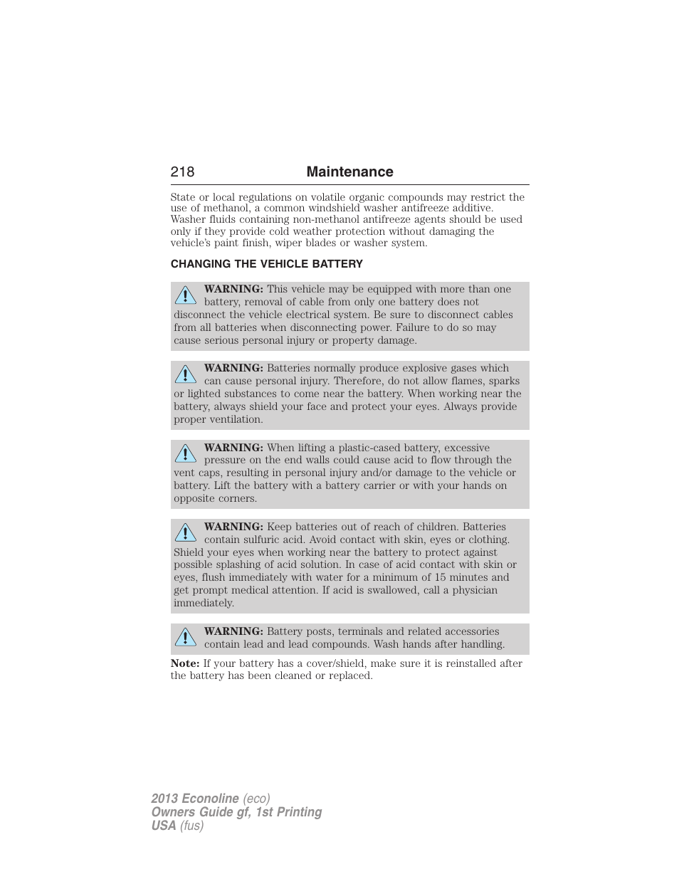 Changing the vehicle battery, 218 maintenance | FORD 2013 E-450 v.1 User Manual | Page 218 / 416