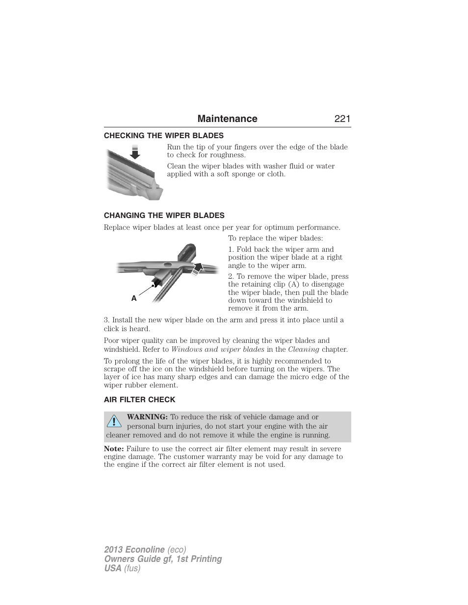 Checking the wiper blades, Changing the wiper blades, Air filter check | Air filter(s), Maintenance 221 | FORD 2013 E-450 v.1 User Manual | Page 221 / 416