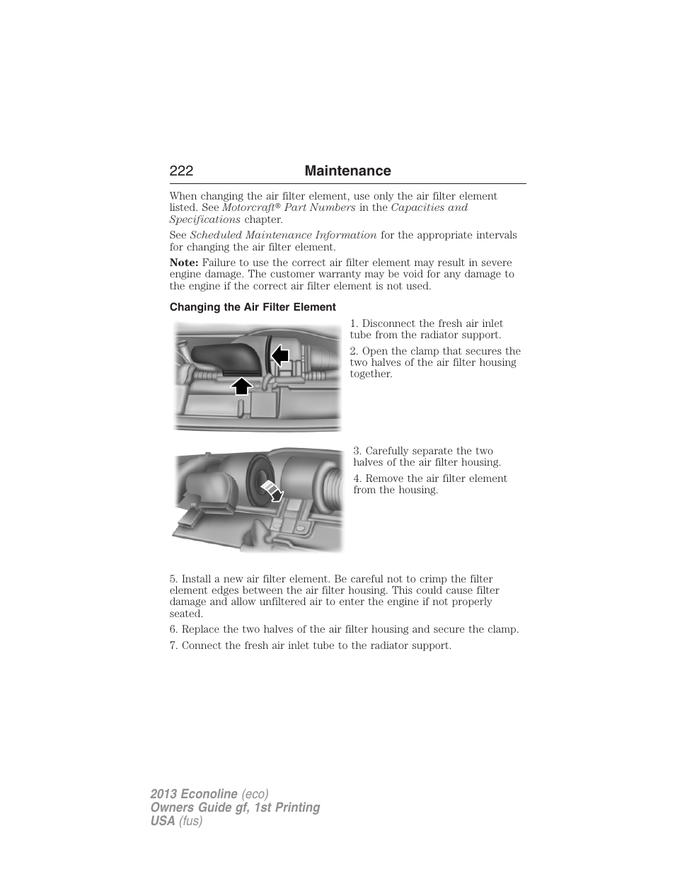 Changing the air filter element, 222 maintenance | FORD 2013 E-450 v.1 User Manual | Page 222 / 416