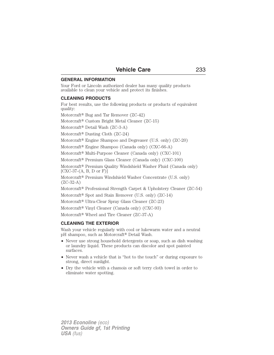 Vehicle care, General information, Cleaning products | Cleaning the exterior, Vehicle care 233 | FORD 2013 E-450 v.1 User Manual | Page 233 / 416