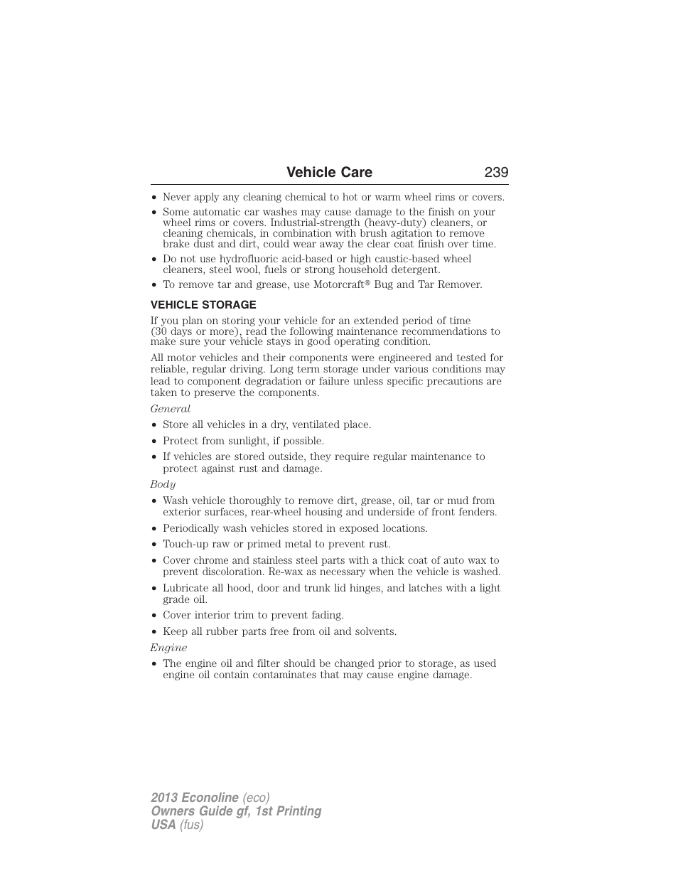 Vehicle storage, Vehicle care 239 | FORD 2013 E-450 v.1 User Manual | Page 239 / 416