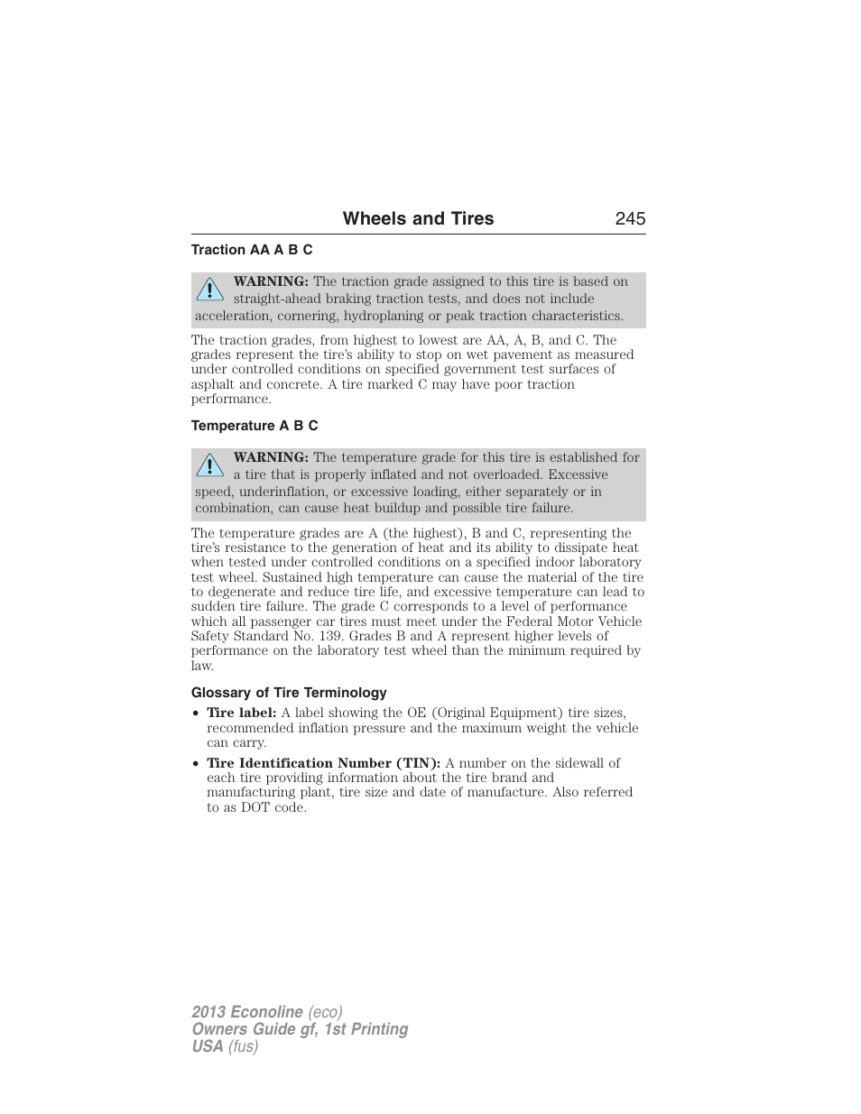 Traction aa a b c, Temperature a b c, Glossary of tire terminology | Wheels and tires 245 | FORD 2013 E-450 v.1 User Manual | Page 245 / 416