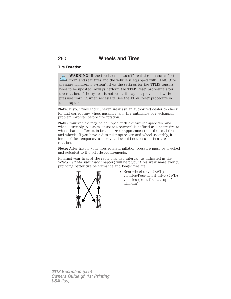 Tire rotation, 260 wheels and tires | FORD 2013 E-450 v.1 User Manual | Page 260 / 416