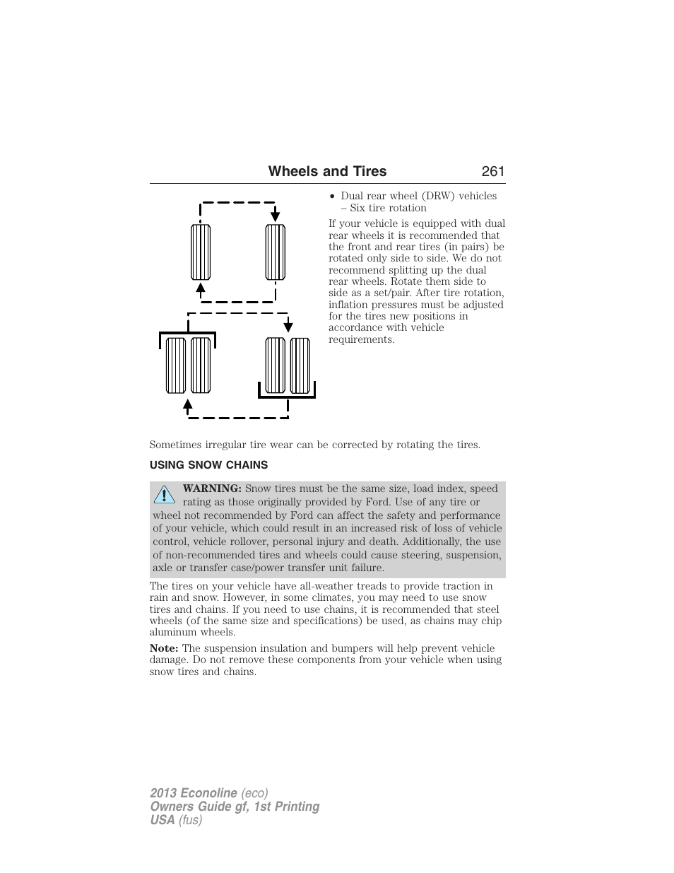 Using snow chains, Wheels and tires 261 | FORD 2013 E-450 v.1 User Manual | Page 261 / 416
