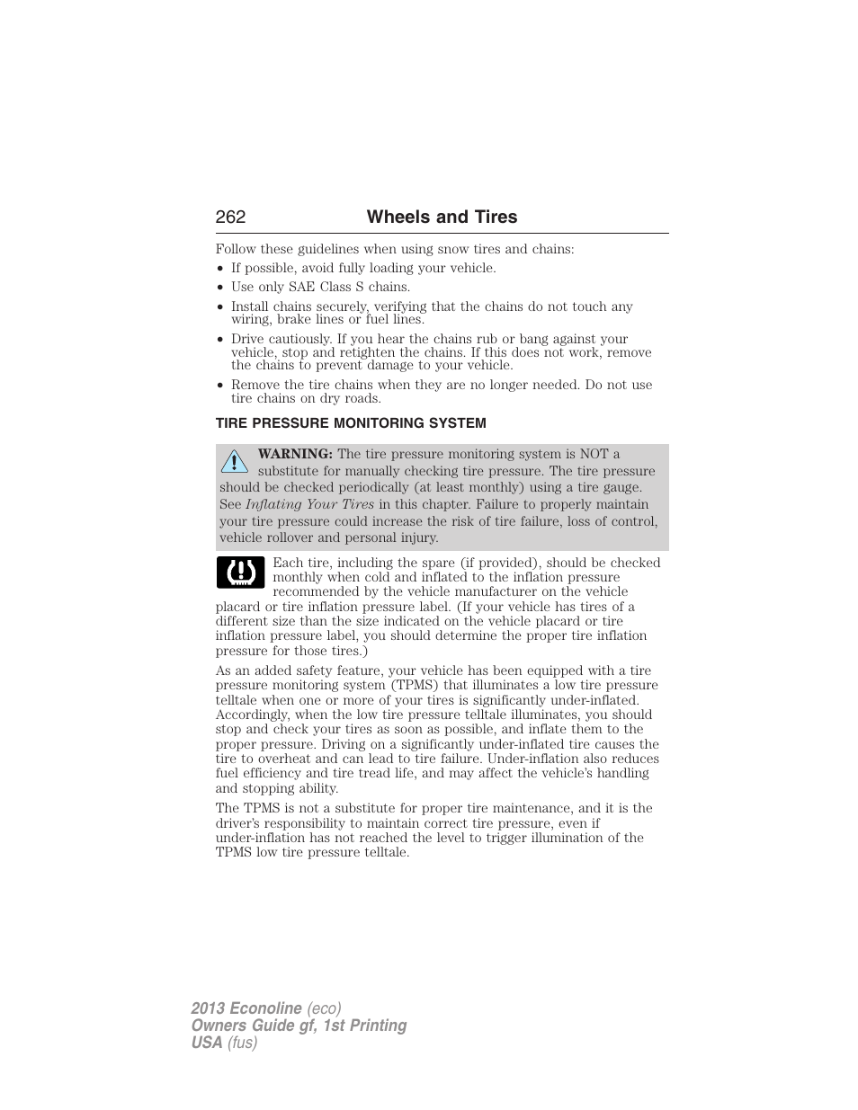 Tire pressure monitoring system, Tire pressure monitoring system (tpms), 262 wheels and tires | FORD 2013 E-450 v.1 User Manual | Page 262 / 416