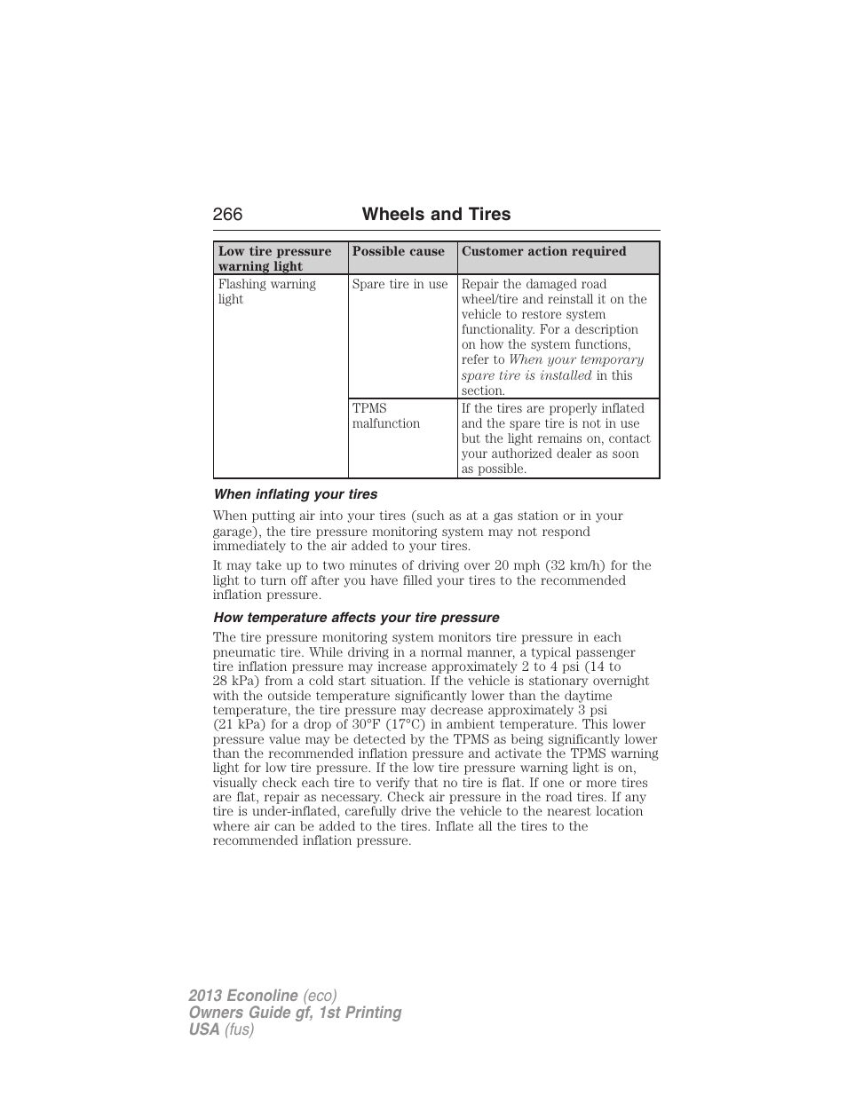 When inflating your tires, How temperature affects your tire pressure, 266 wheels and tires | FORD 2013 E-450 v.1 User Manual | Page 266 / 416