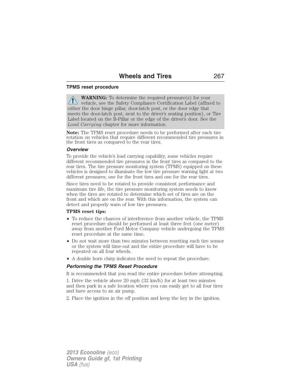 Tpms reset procedure, Overview, Performing the tpms reset procedure | Wheels and tires 267 | FORD 2013 E-450 v.1 User Manual | Page 267 / 416