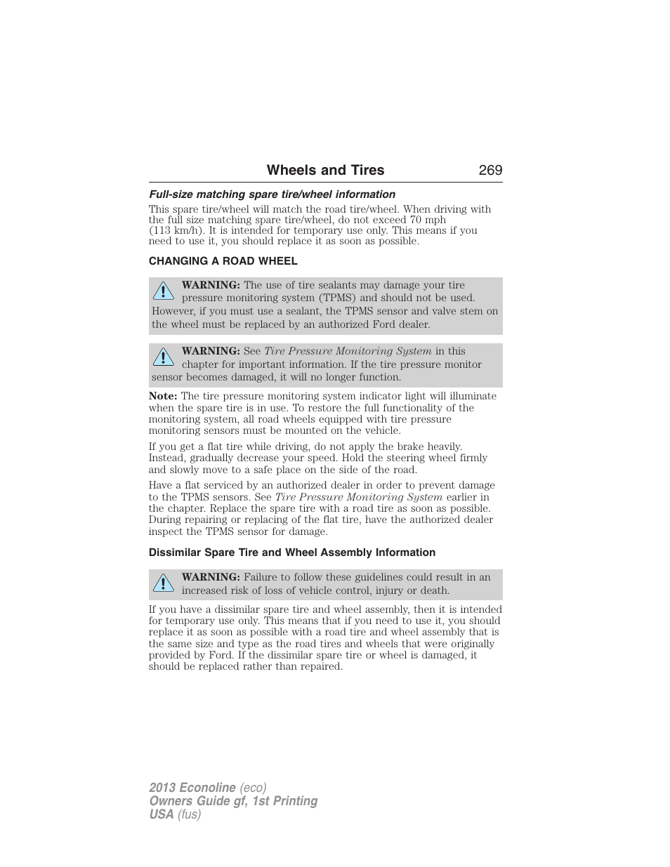 Full-size matching spare tire/wheel information, Changing a road wheel, Wheels and tires 269 | FORD 2013 E-450 v.1 User Manual | Page 269 / 416