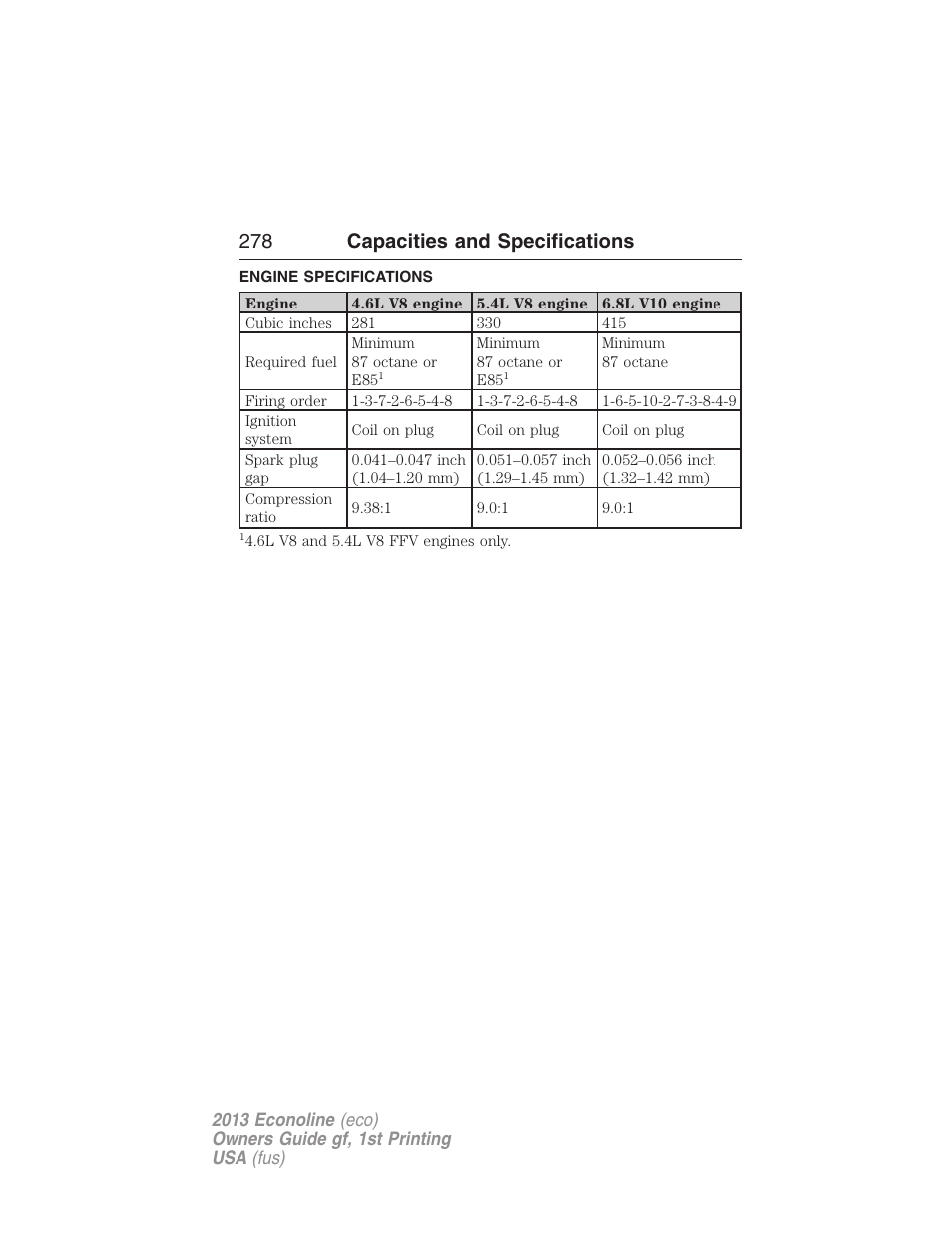 Capacities and specifications, Engine specifications, 278 capacities and specifications | FORD 2013 E-450 v.1 User Manual | Page 278 / 416
