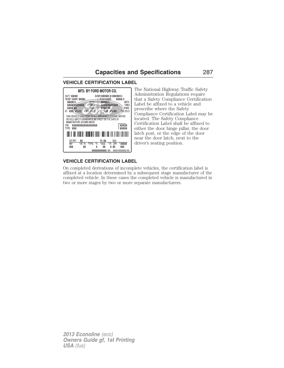 Vehicle certification label | FORD 2013 E-450 v.1 User Manual | Page 287 / 416