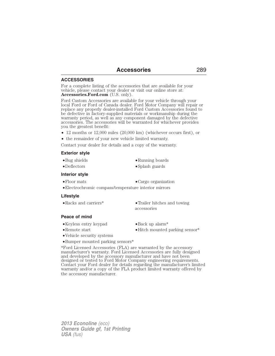Accessories, Exterior style, Interior style | Lifestyle, Peace of mind, Accessories 289 | FORD 2013 E-450 v.1 User Manual | Page 289 / 416