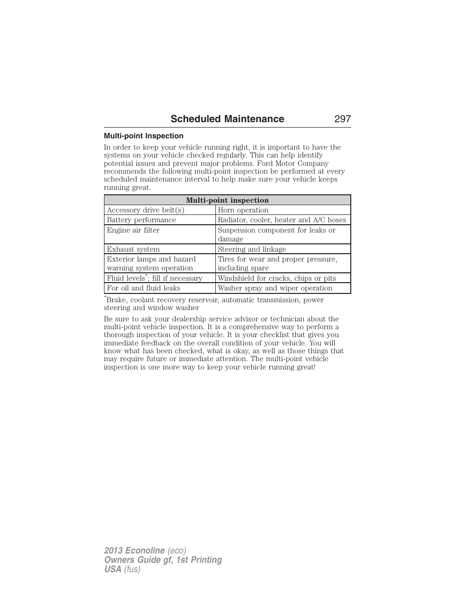 Multi-point inspection, Scheduled maintenance 297 | FORD 2013 E-450 v.1 User Manual | Page 297 / 416