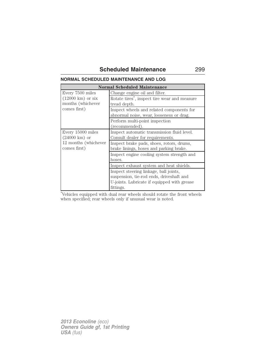 Normal scheduled maintenance and log, Scheduled maintenance 299 | FORD 2013 E-450 v.1 User Manual | Page 299 / 416