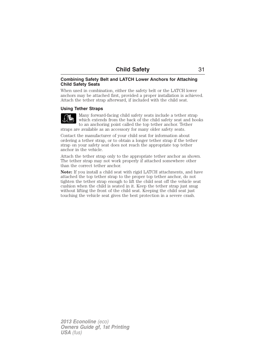 Using tether straps, Child safety 31 | FORD 2013 E-450 v.1 User Manual | Page 31 / 416