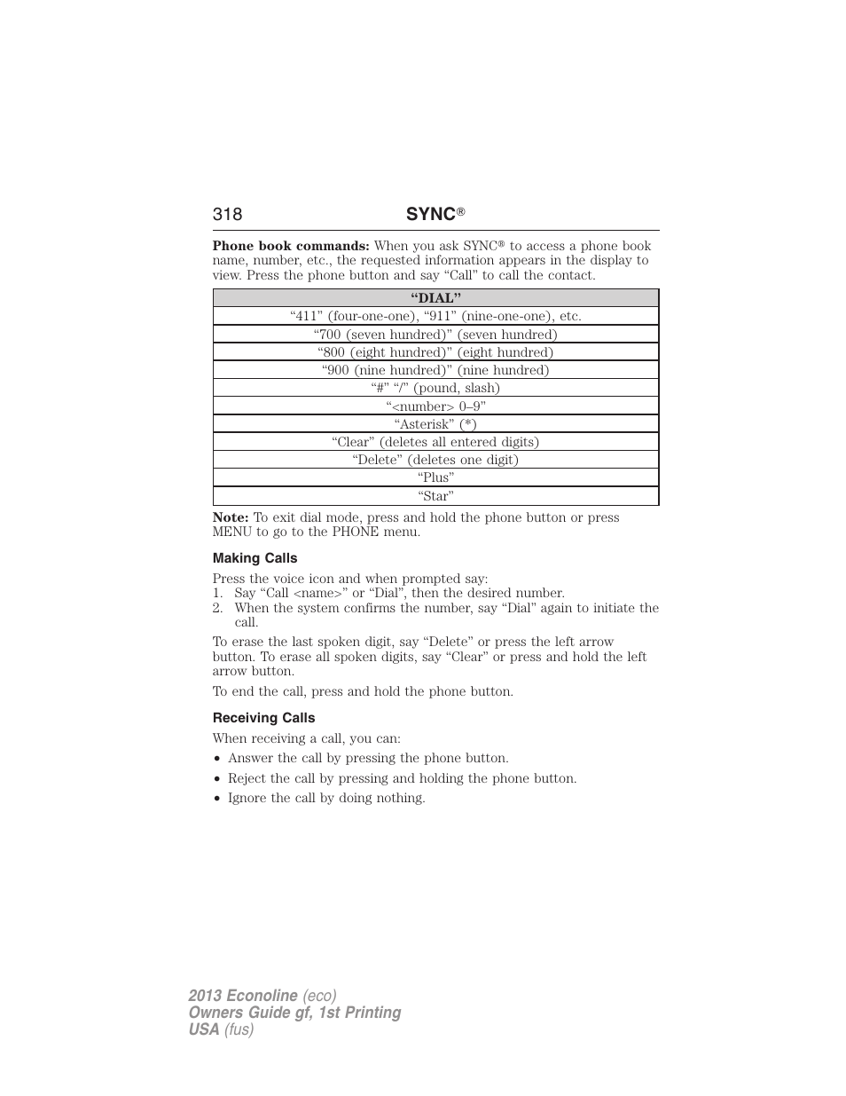 Making calls, Receiving calls, 318 sync | FORD 2013 E-450 v.1 User Manual | Page 318 / 416