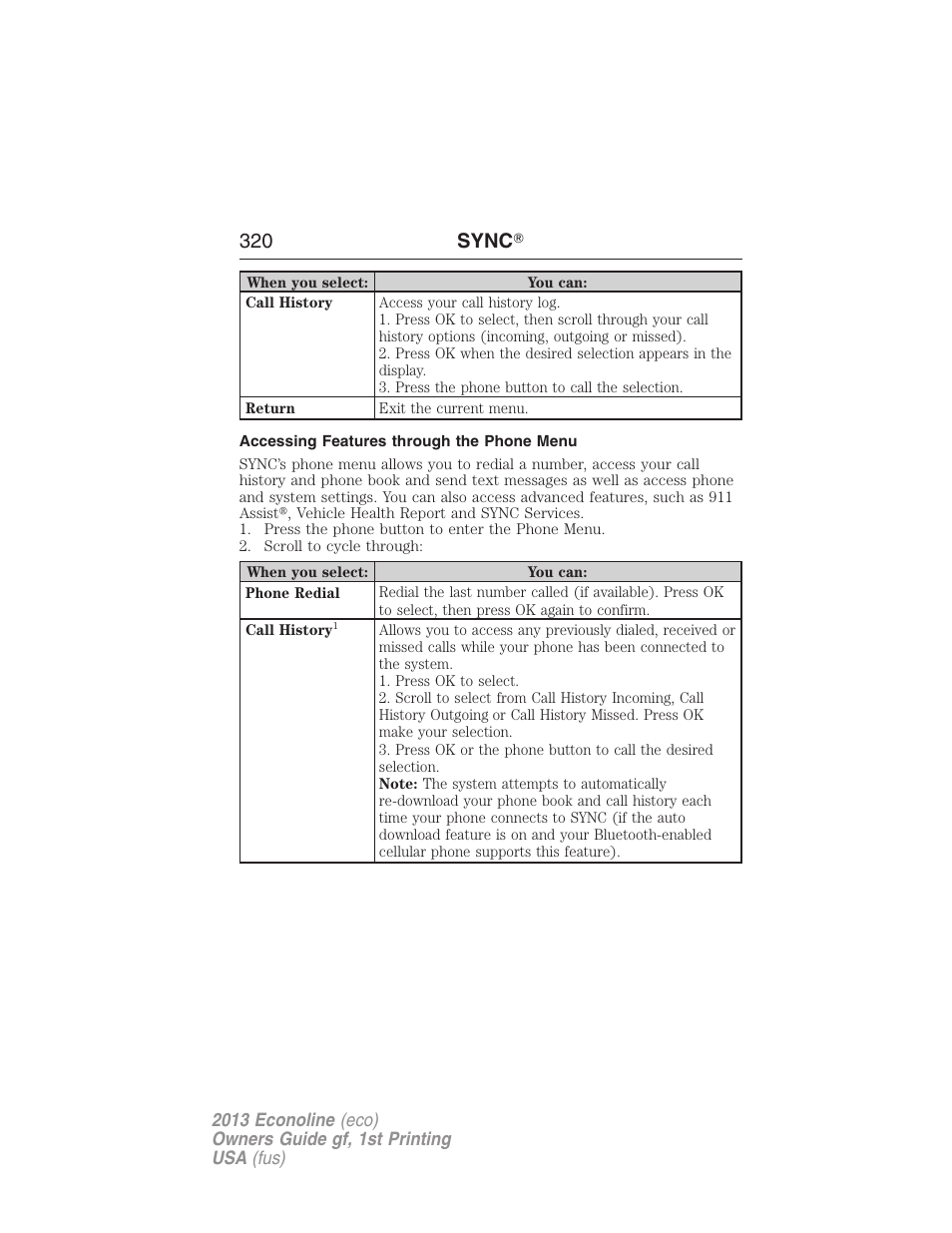 Accessing features through the phone menu, 320 sync | FORD 2013 E-450 v.1 User Manual | Page 320 / 416