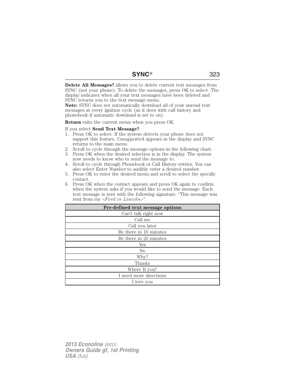 Sync ா 323 | FORD 2013 E-450 v.1 User Manual | Page 323 / 416