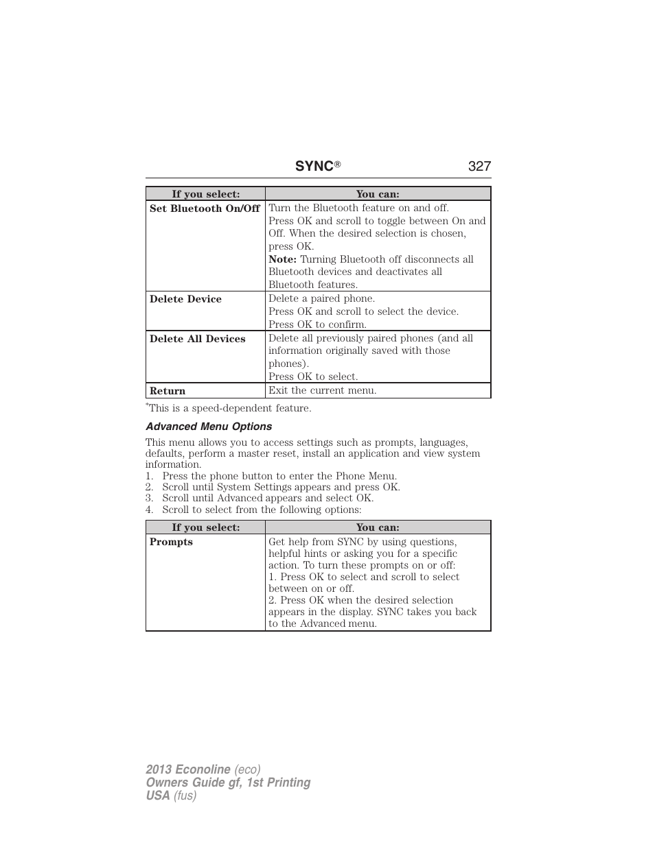 Advanced menu options, Sync ா 327 | FORD 2013 E-450 v.1 User Manual | Page 327 / 416