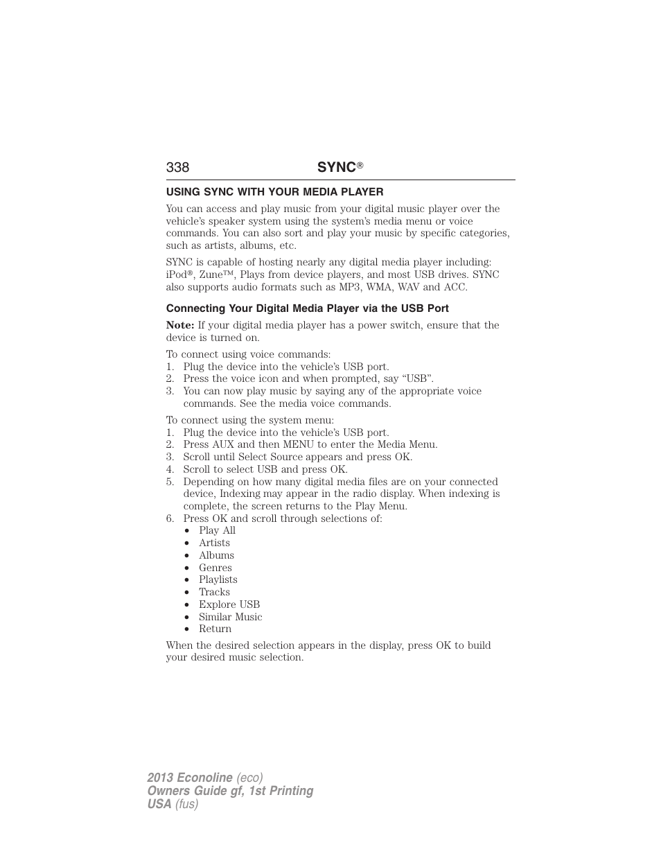 Using sync with your media player, 338 sync | FORD 2013 E-450 v.1 User Manual | Page 338 / 416