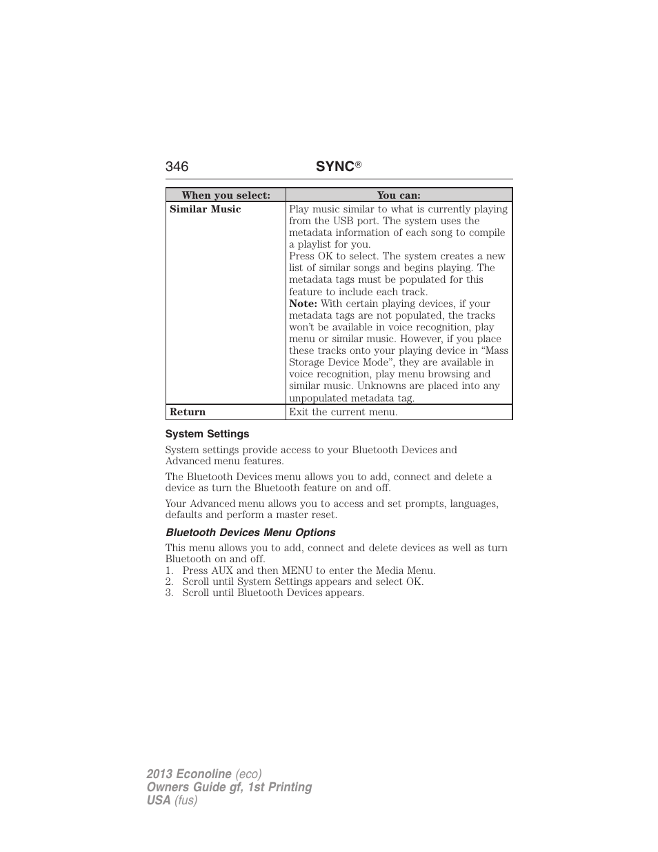 System settings, Bluetooth devices menu options, 346 sync | FORD 2013 E-450 v.1 User Manual | Page 346 / 416