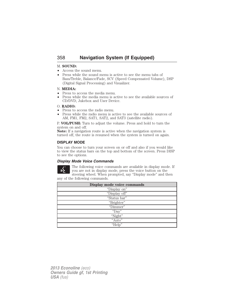 Display mode, Display mode voice commands, 358 navigation system (if equipped) | FORD 2013 E-450 v.1 User Manual | Page 358 / 416