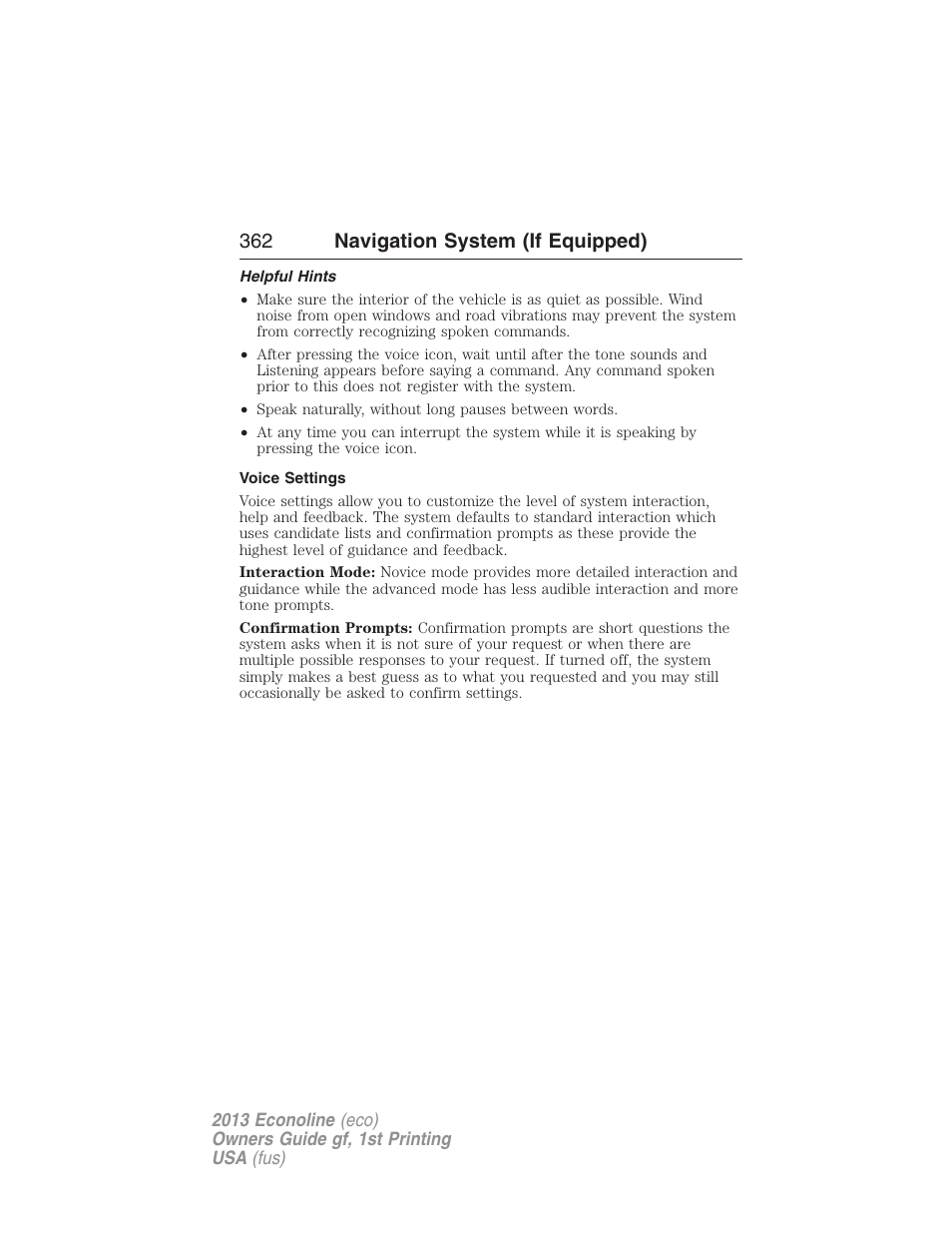 Helpful hints, Voice settings, 362 navigation system (if equipped) | FORD 2013 E-450 v.1 User Manual | Page 362 / 416