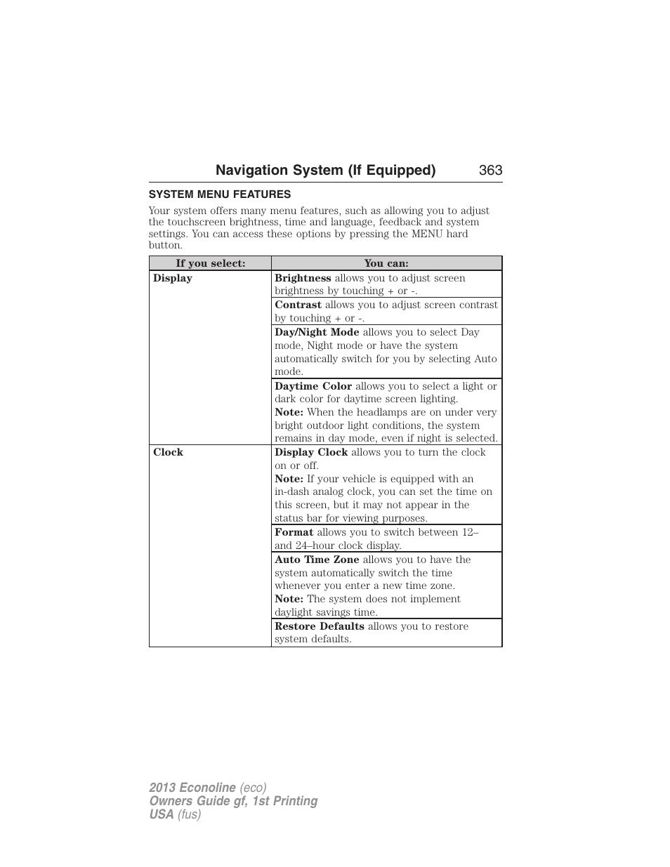 System menu features, Navigation system (if equipped) 363 | FORD 2013 E-450 v.1 User Manual | Page 363 / 416