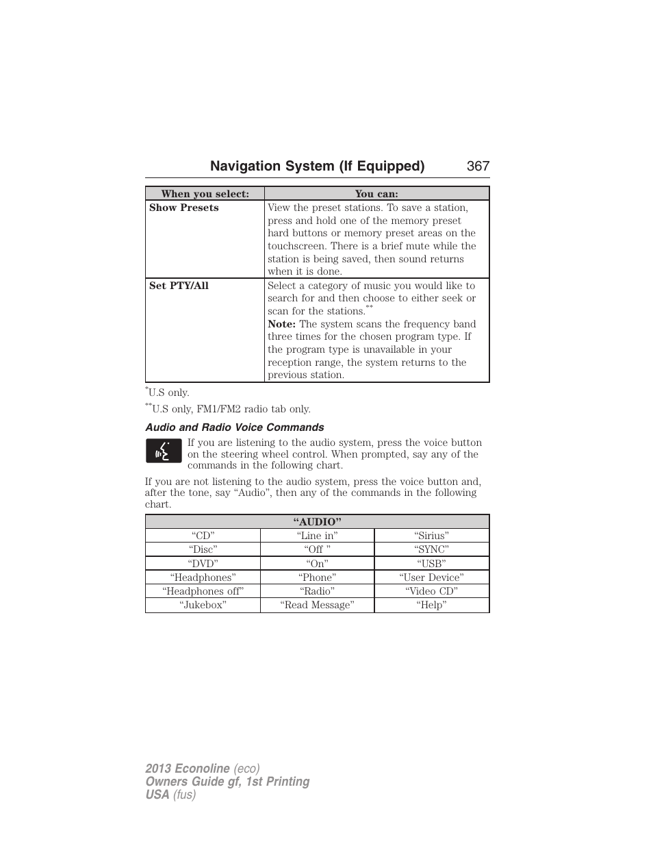 Audio and radio voice commands, Navigation system (if equipped) 367 | FORD 2013 E-450 v.1 User Manual | Page 367 / 416