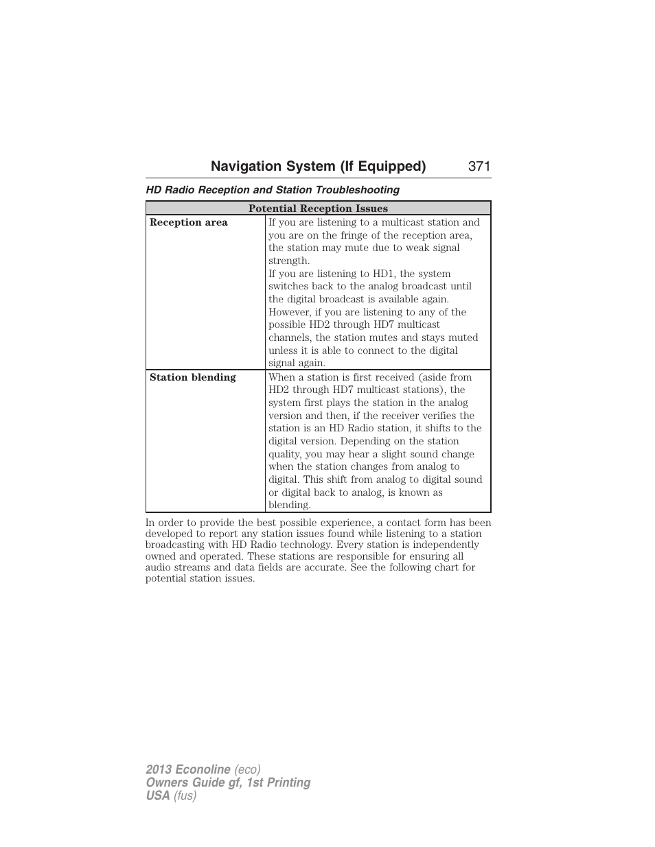 Hd radio reception and station troubleshooting, Navigation system (if equipped) 371 | FORD 2013 E-450 v.1 User Manual | Page 371 / 416