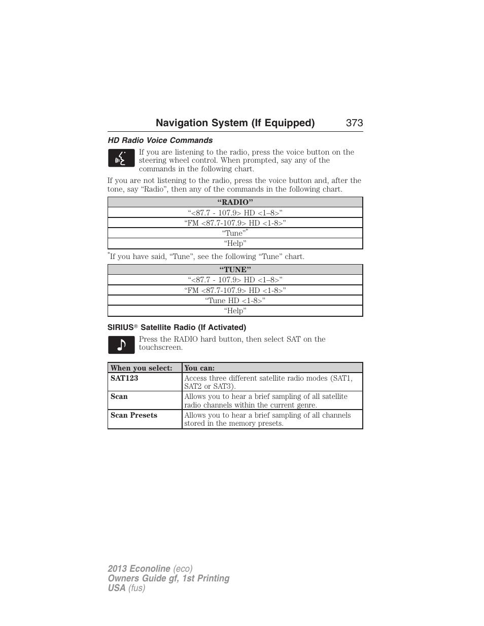Hd radio voice commands, Sirius? satellite radio (if activated), Navigation system (if equipped) 373 | FORD 2013 E-450 v.1 User Manual | Page 373 / 416
