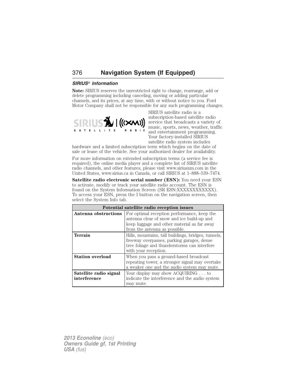 Sirius? information, 376 navigation system (if equipped) | FORD 2013 E-450 v.1 User Manual | Page 376 / 416