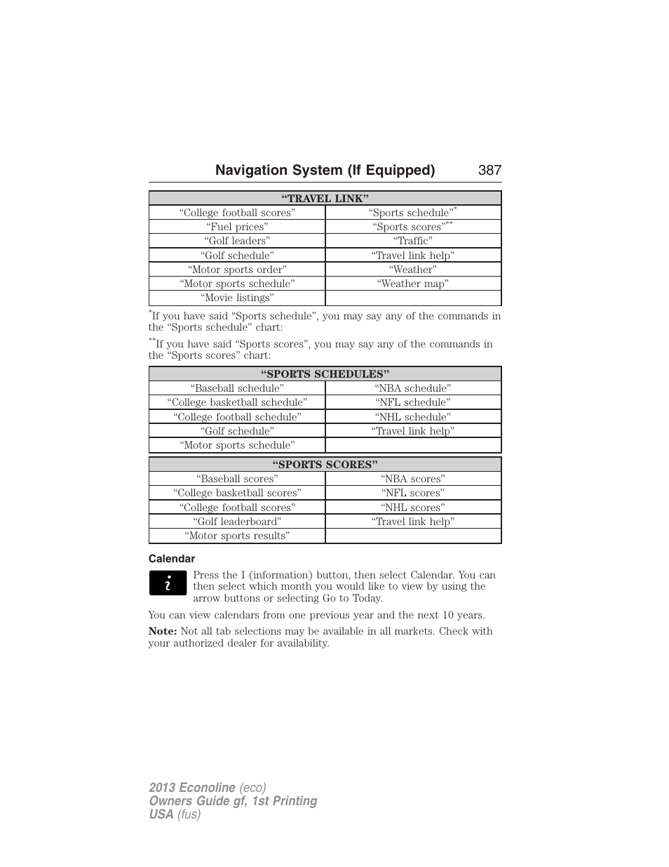 Calendar, Navigation system (if equipped) 387 | FORD 2013 E-450 v.1 User Manual | Page 387 / 416