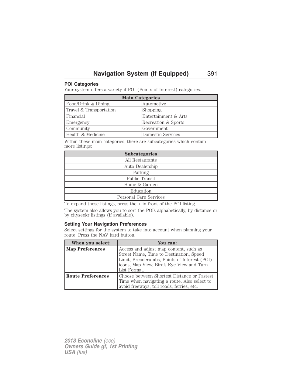 Poi categories, Setting your navigation preferences, Navigation system (if equipped) 391 | FORD 2013 E-450 v.1 User Manual | Page 391 / 416