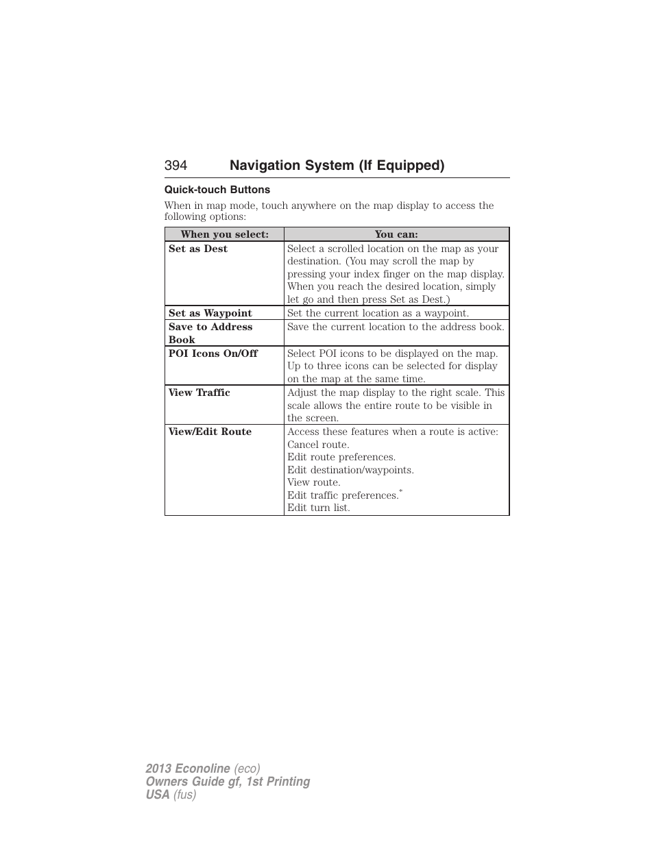 Quick-touch buttons, 394 navigation system (if equipped) | FORD 2013 E-450 v.1 User Manual | Page 394 / 416