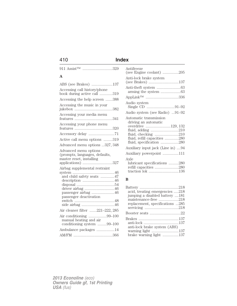 Index, 410 index | FORD 2013 E-450 v.1 User Manual | Page 410 / 416