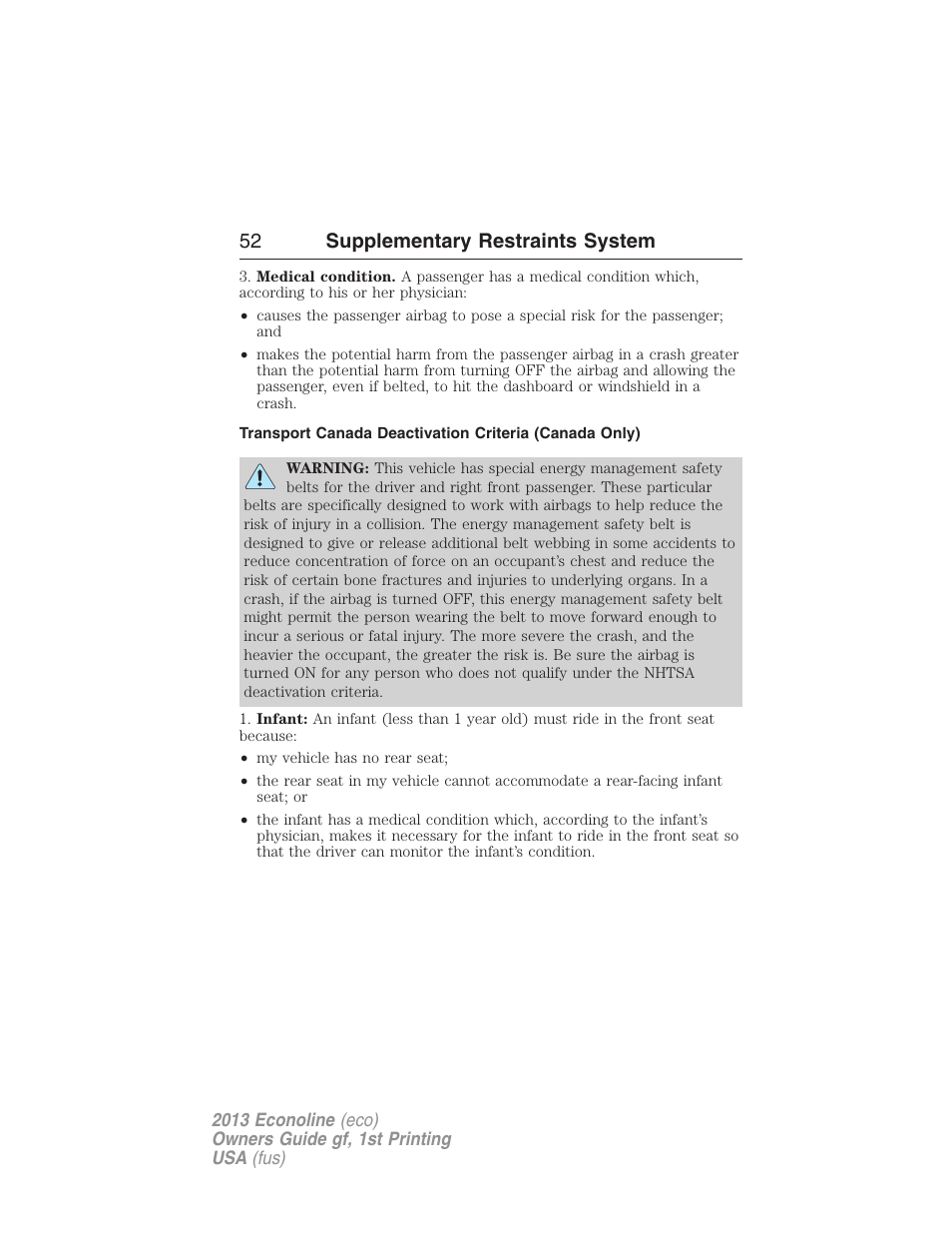 52 supplementary restraints system | FORD 2013 E-450 v.1 User Manual | Page 52 / 416