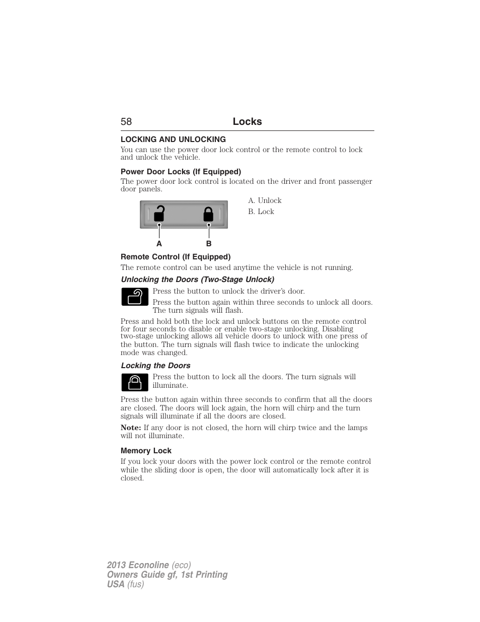 Locks, Locking and unlocking, Power door locks (if equipped) | Remote control (if equipped), Unlocking the doors (two-stage unlock), Locking the doors, Memory lock, 58 locks | FORD 2013 E-450 v.1 User Manual | Page 58 / 416