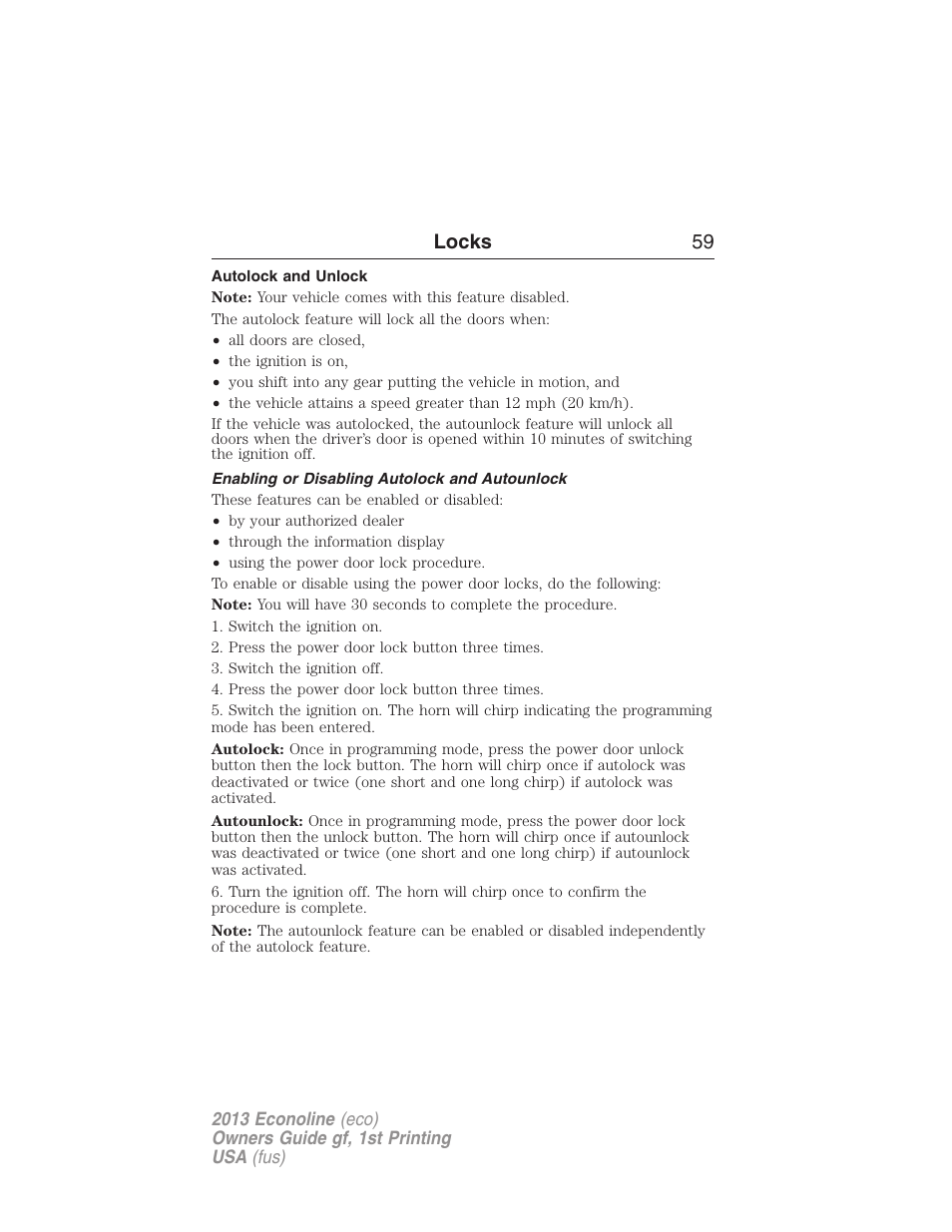 Autolock and unlock, Enabling or disabling autolock and autounlock, Locks 59 | FORD 2013 E-450 v.1 User Manual | Page 59 / 416