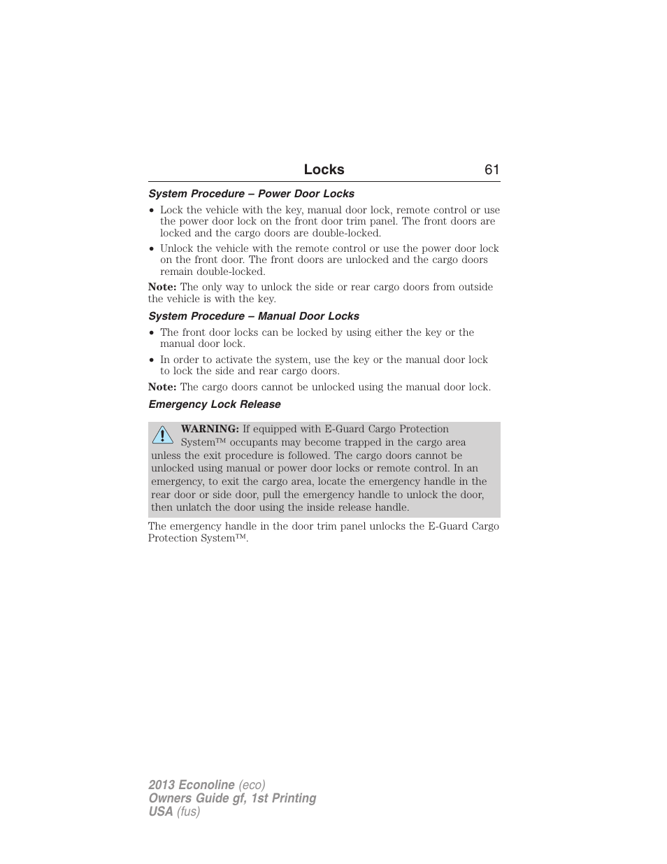 System procedure – power door locks, System procedure – manual door locks, Emergency lock release | Locks 61 | FORD 2013 E-450 v.1 User Manual | Page 61 / 416