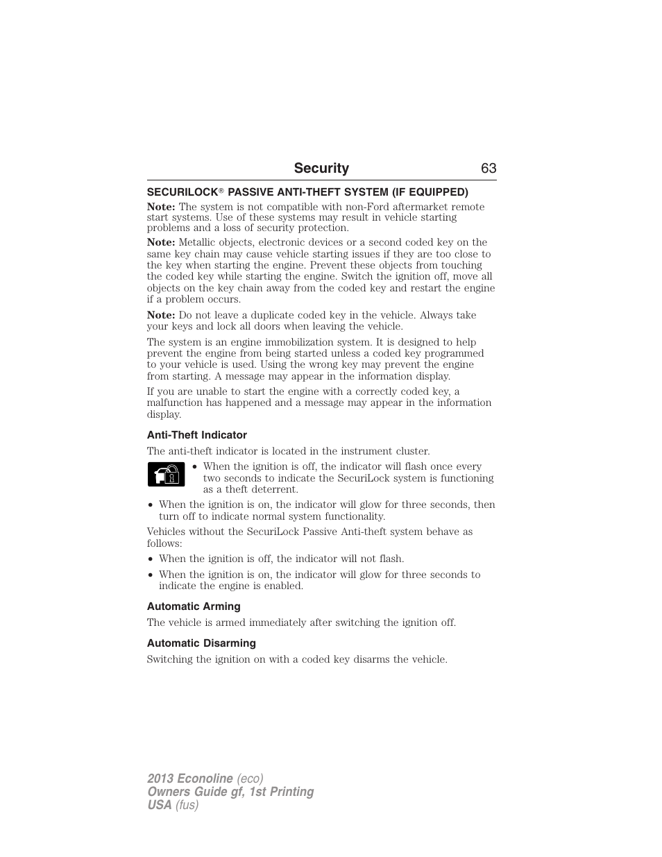 Security, Anti-theft indicator, Automatic arming | Automatic disarming, Securilock, Passive anti-theft system, Security 63 | FORD 2013 E-450 v.1 User Manual | Page 63 / 416